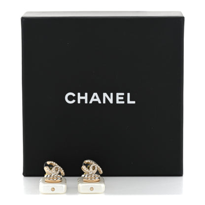 Chanel Pearl Resin Crystal CC No 5 Perfume Bottle Drop Earrings Gold Pearly White 5 of 5