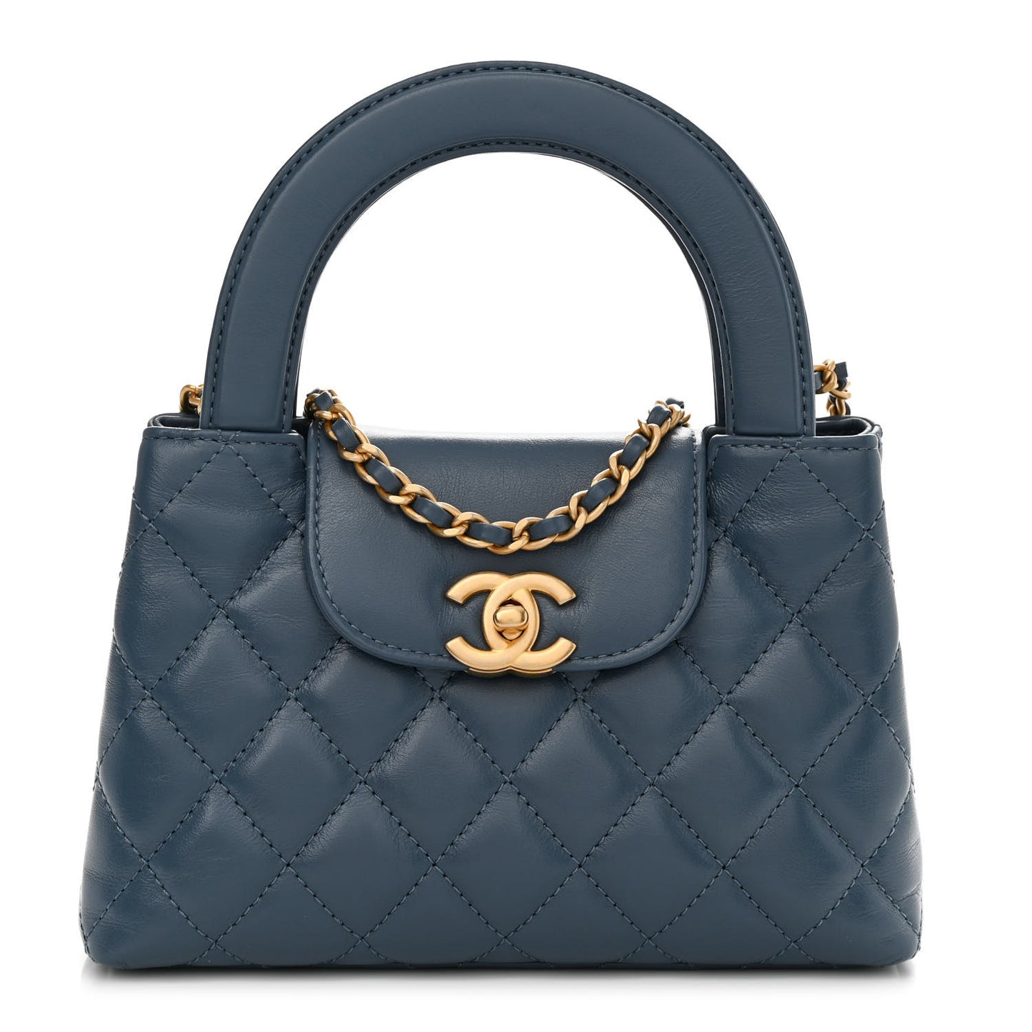 Shiny Aged Calfskin Quilted Nano Kelly Shopper Dark Blue