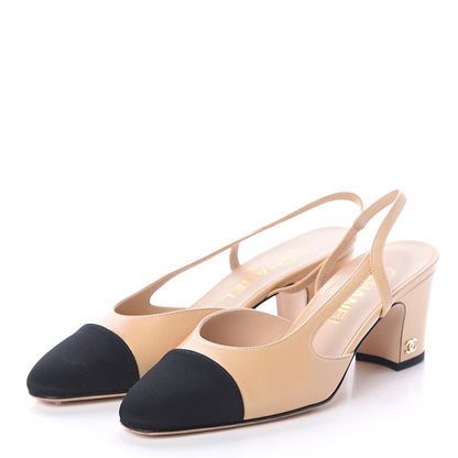 Chanel Goatskin Grosgrain Cap Toe CC Slingback Pumps 36 Beige Black 3 of 7