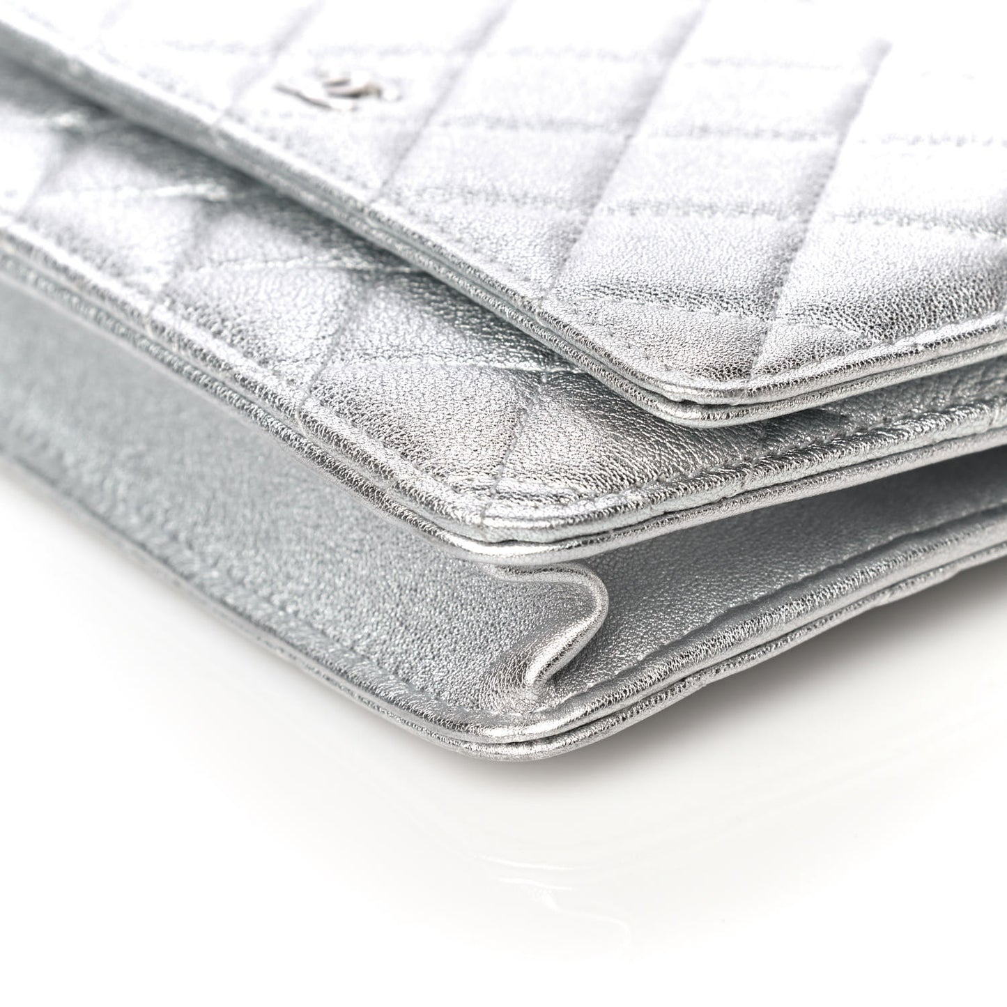 Metallic Lambskin Quilted Wallet On Chain WOC Silver