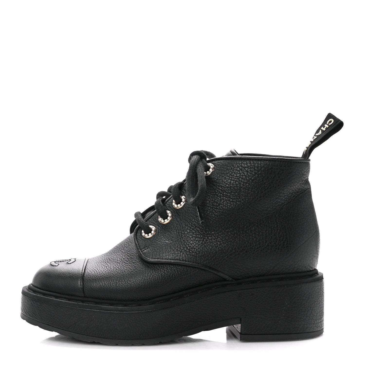 Chanel Shiny Calfskin Pearl Lace Up Combat Short Boots 36.5 Black 1 of 9