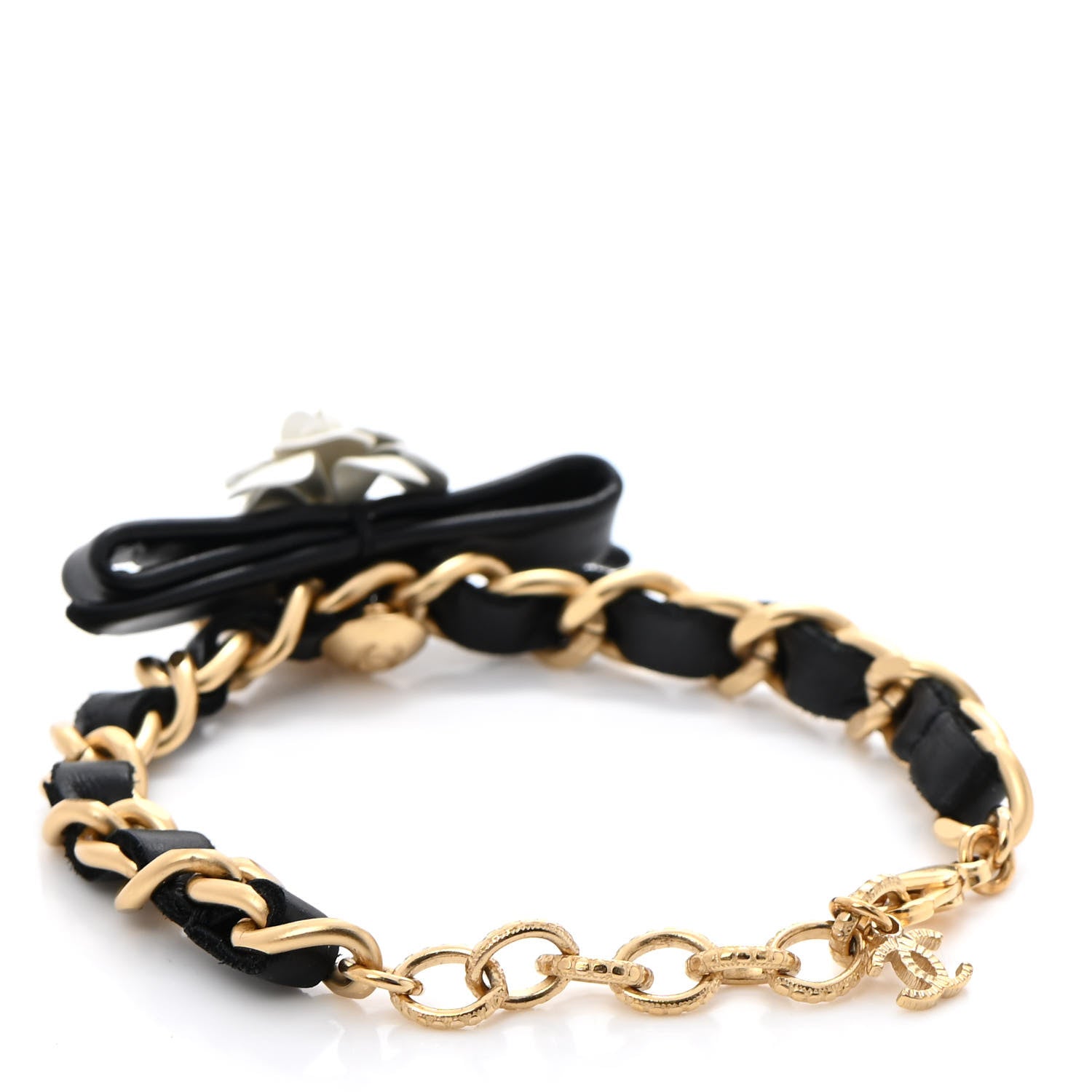 Chanel Metal Calfskin Crystal Chain 90's Camellia Bracelet Black Gold 3 of 6