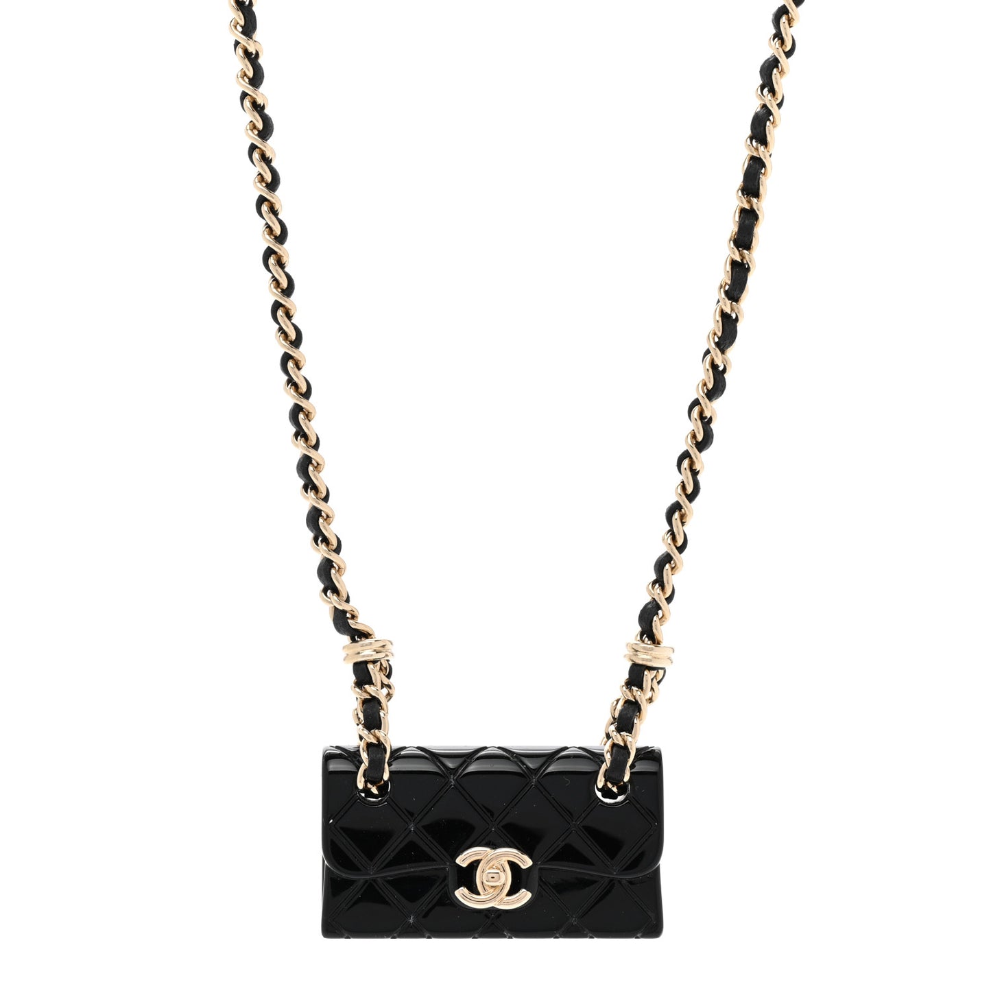 Metal Resin Calfskin Quilted CC Turnlock Chain Bag Necklace Gold Black