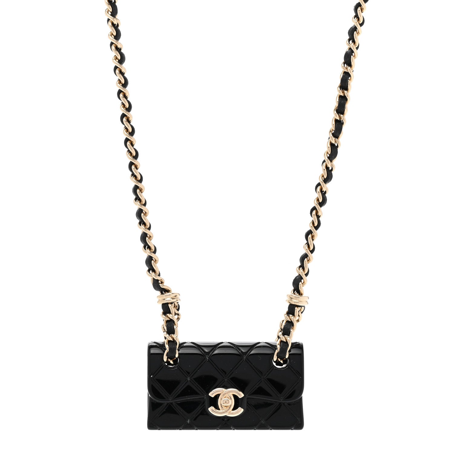 Chanel Metal Resin Calfskin Quilted CC Turnlock Chain Bag Necklace Gold Black 1 of 6