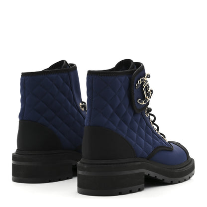 Chanel Fabric Grosgrain Quilted Cap Toe Lace Up Combat Boots 36.5 Navy Black 5 of 9