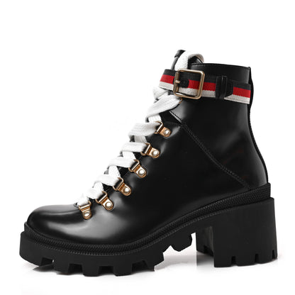 Gucci Calfskin Sylvie Web Womens Lace Up Combat Boots 37 Black 1 of 7