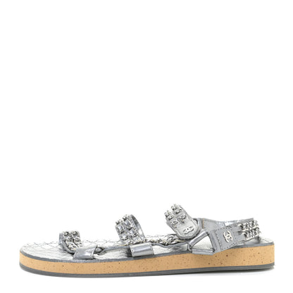 Chanel Metallic Calfskin Chain Flat Sandals 38 Silver 1 of 9