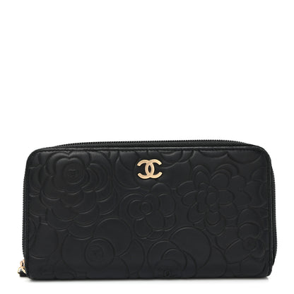 Chanel Lambskin Camellia Embossed Large Zip Around Gusset Wallet Black 1 of 11