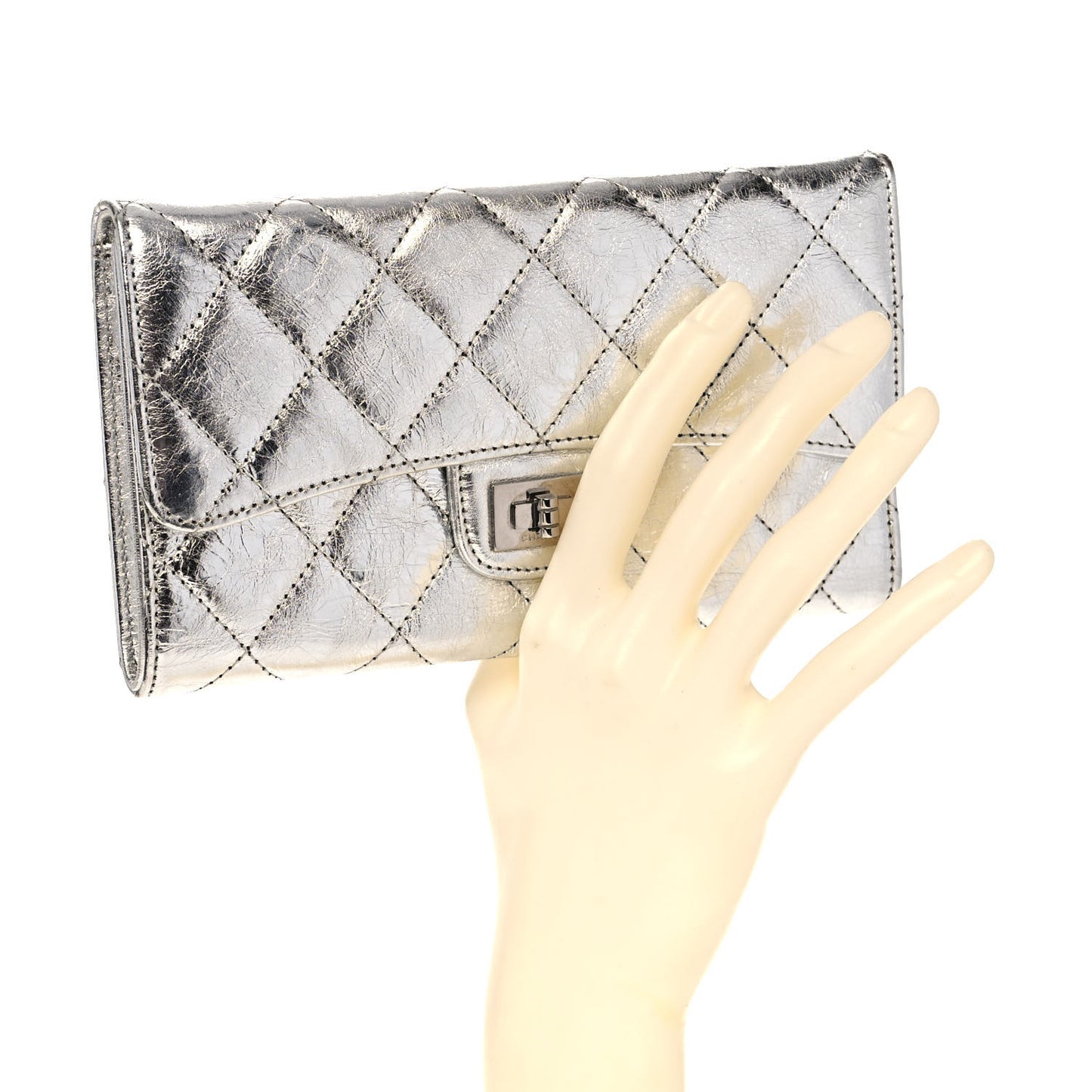 Metallic Aged Calfskin Quilted Reissue Long Flap Wallet Light Silver