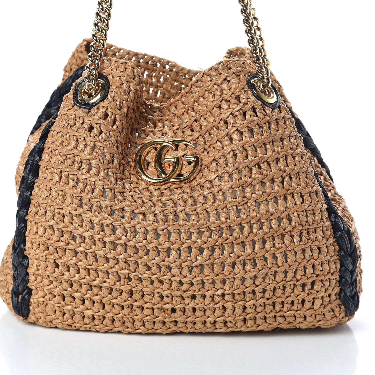 Gucci Raffia Effect Medium GG Marmont Shoulder Tote Bag Natural Black 6 of 8