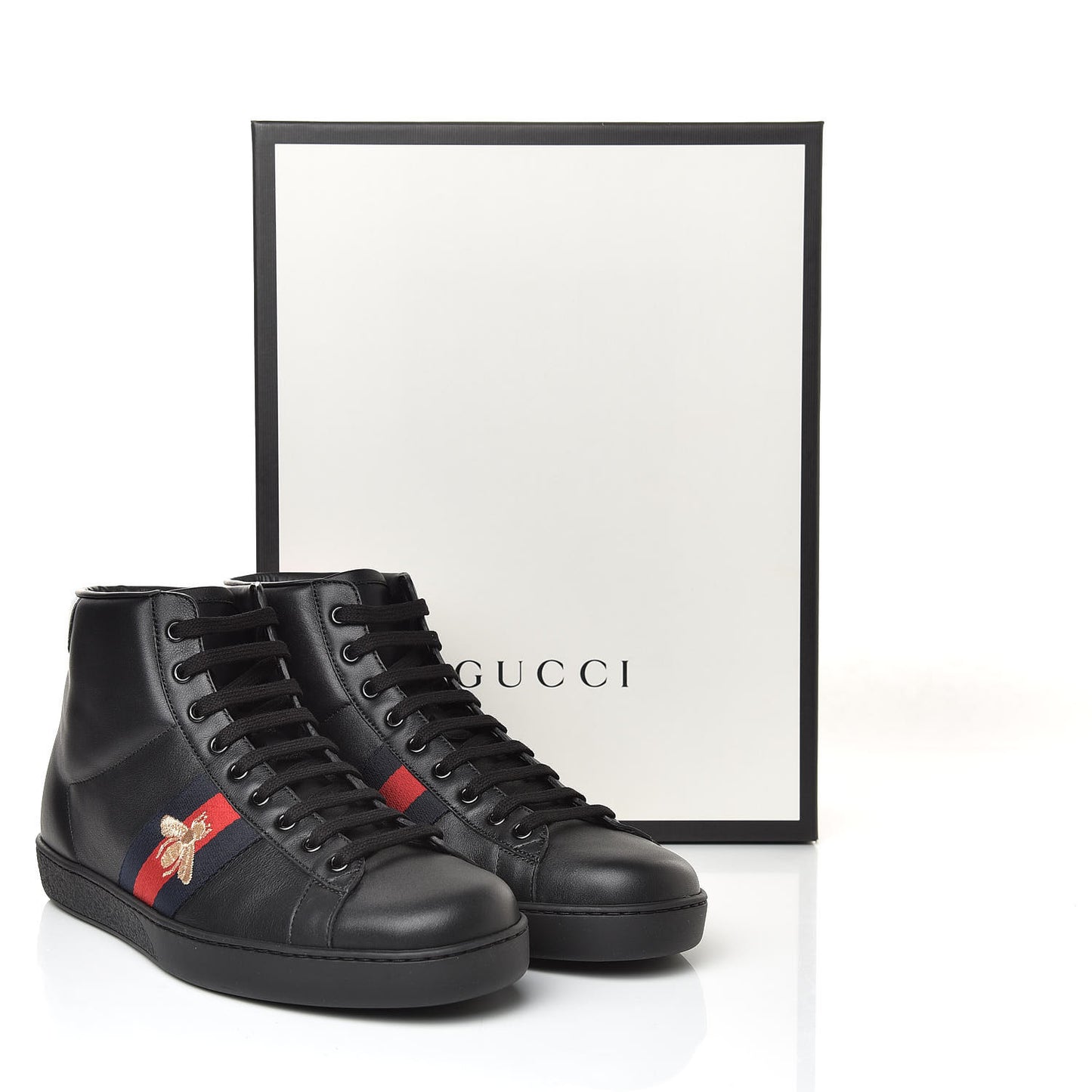 Calfskin Miro Soft Web Bee Embroidered Mens Ace High Top Sneakers 10.5 Black