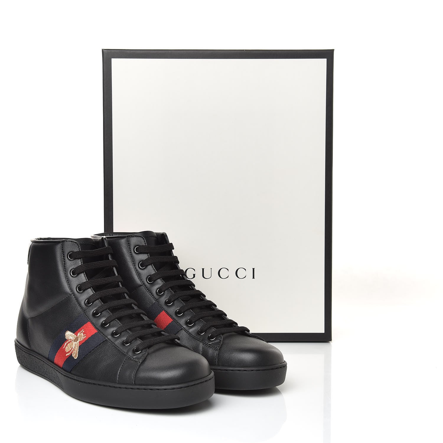 Gucci Calfskin Miro Soft Web Bee Embroidered Mens Ace High Top Sneakers 10.5 Black 10 of 10