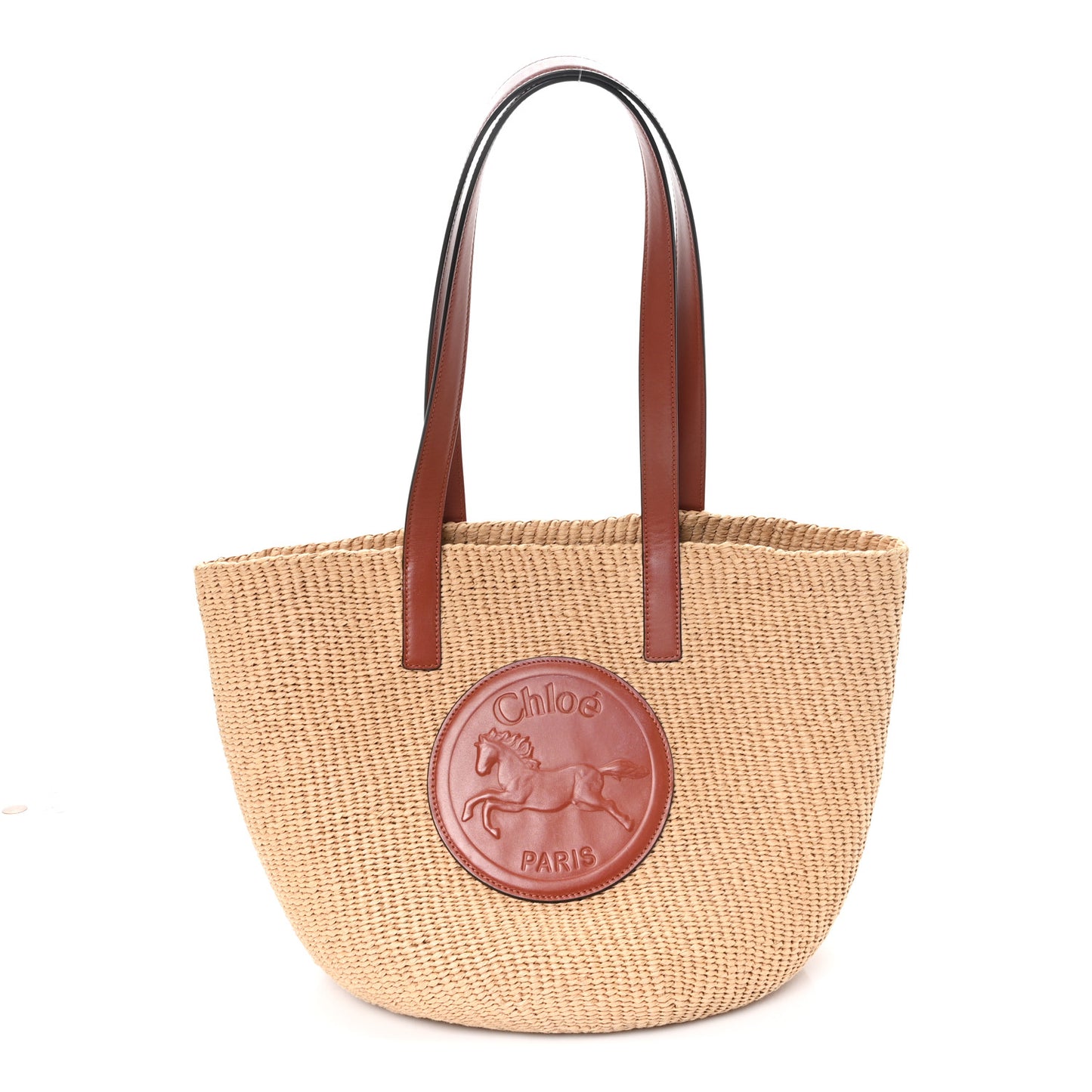 Raffia Calfskin Horse Medal Large Basket Tote Sepia Brown