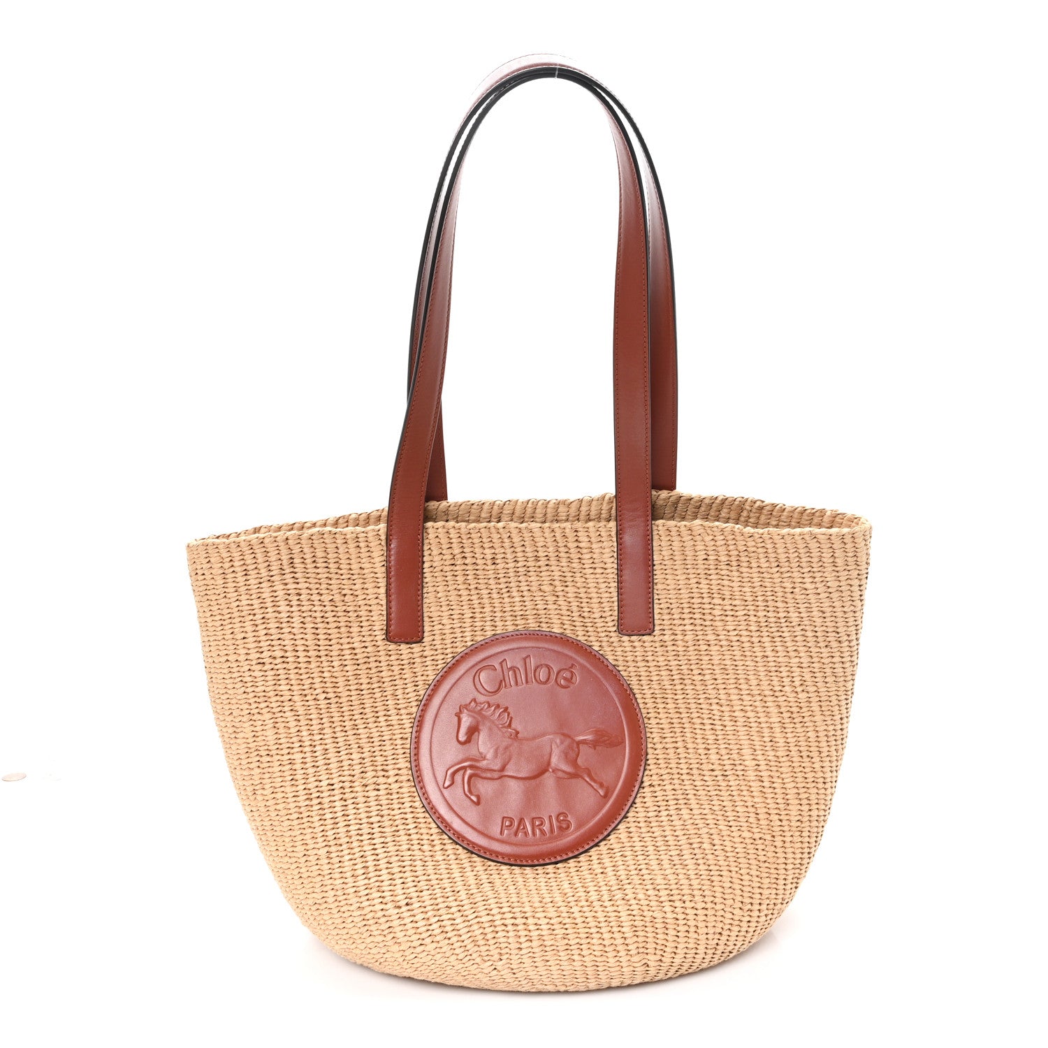 Chloe Raffia Calfskin Horse Medal Large Basket Tote Sepia Brown 1 of 9