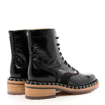 Chanel Patent Lace Up Chain Boots 37.5 Black 4 of 8