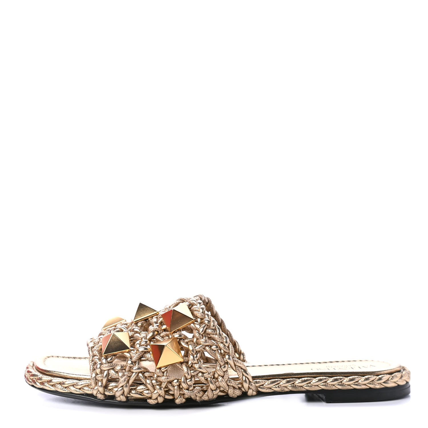 Valentino Garavani Metallic Nappa Woven Roman Stud Flat Slide Sandals 38 Star Gold 1 of 4