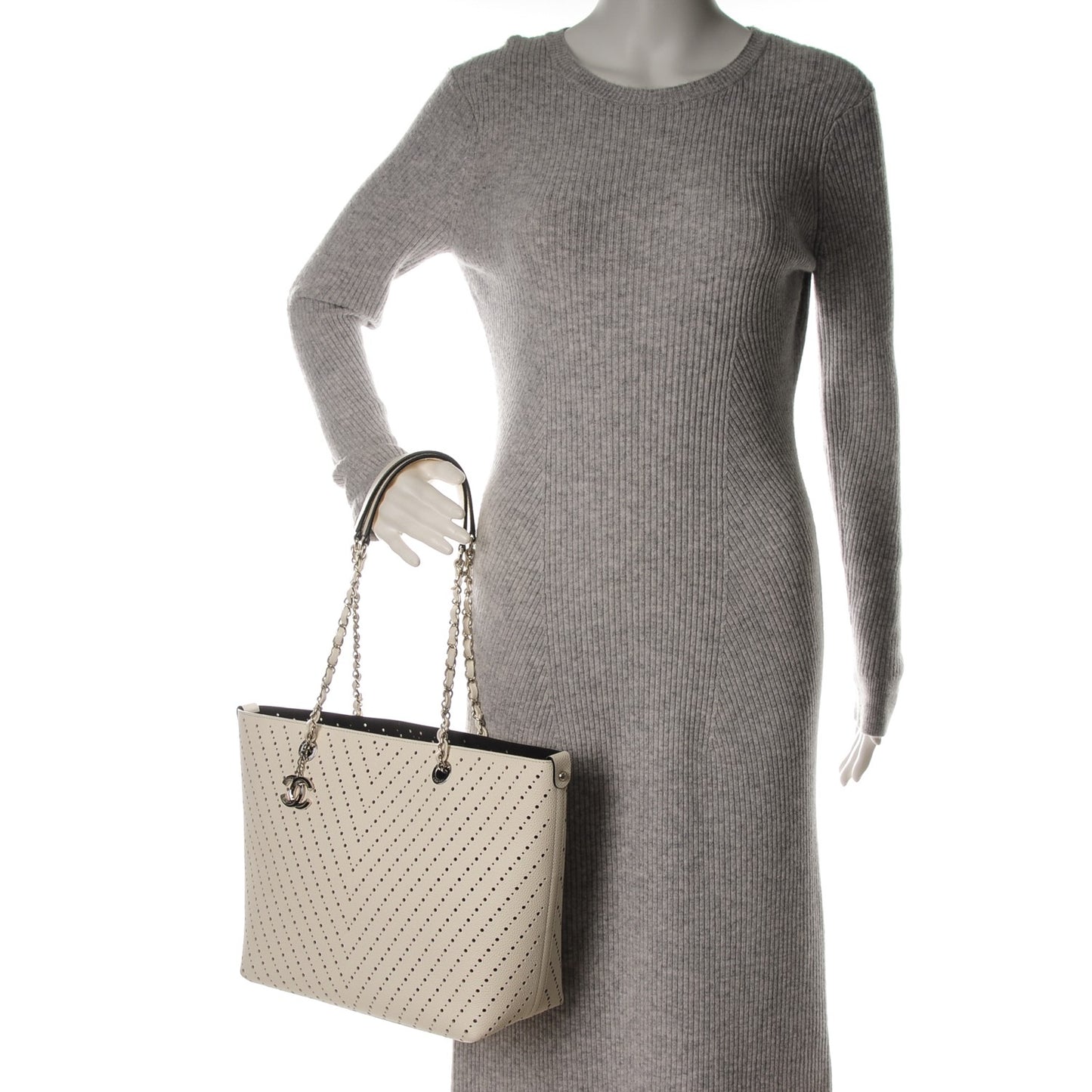 Perforated Grained Calfskin Small Shopping Tote White