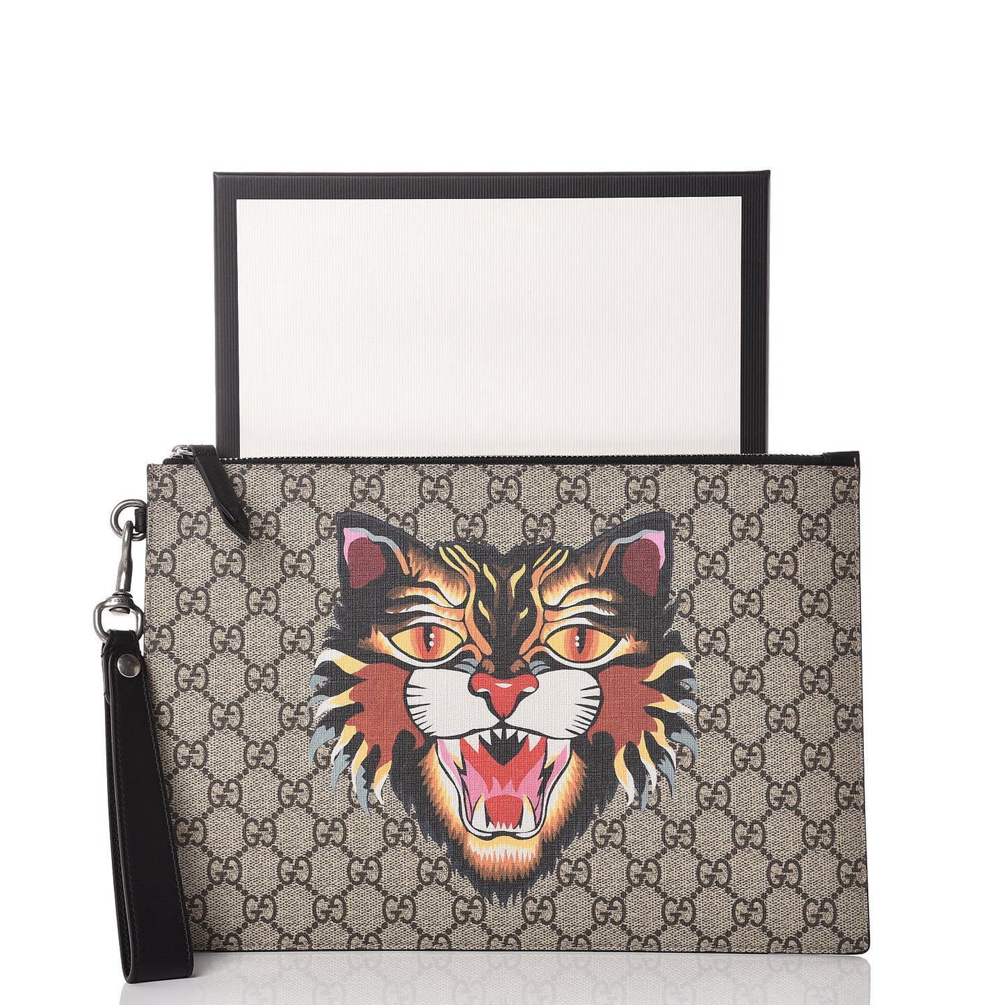 GG Supreme Monogram Angry Cat Large Zip Wristlet Pouch Beige Brown