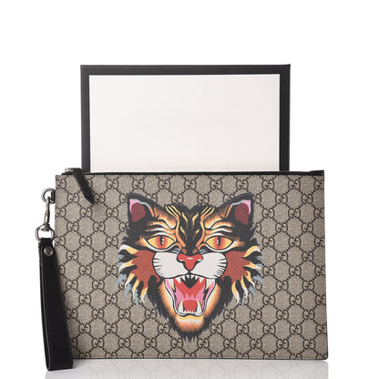 Gucci GG Supreme Monogram Angry Cat Large Zip Wristlet Pouch Beige Brown 8 of 8