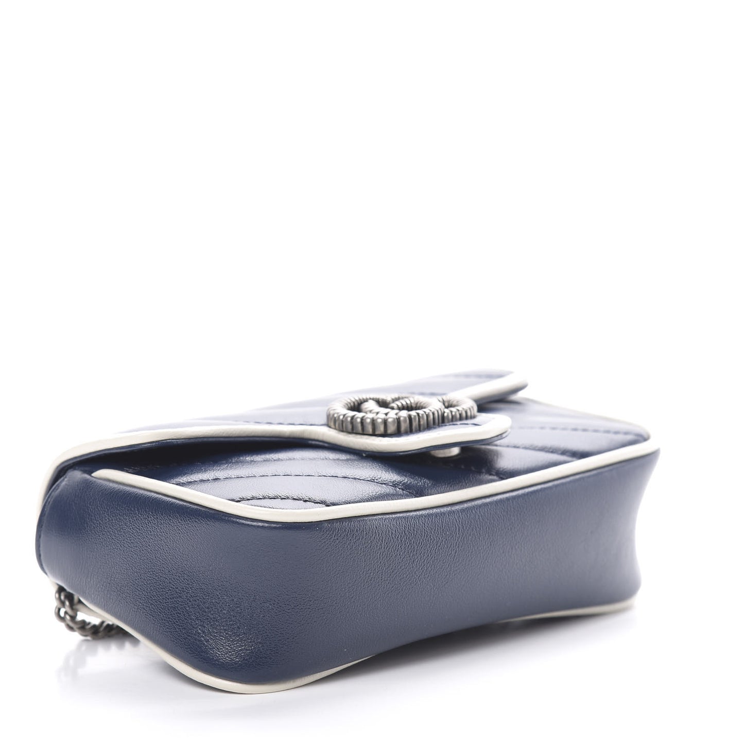 Vintage Effect Calfskin Matelasse Diagonal Super Mini Torchon GG Marmont Shoulder Bag Blue Agata Mystic White