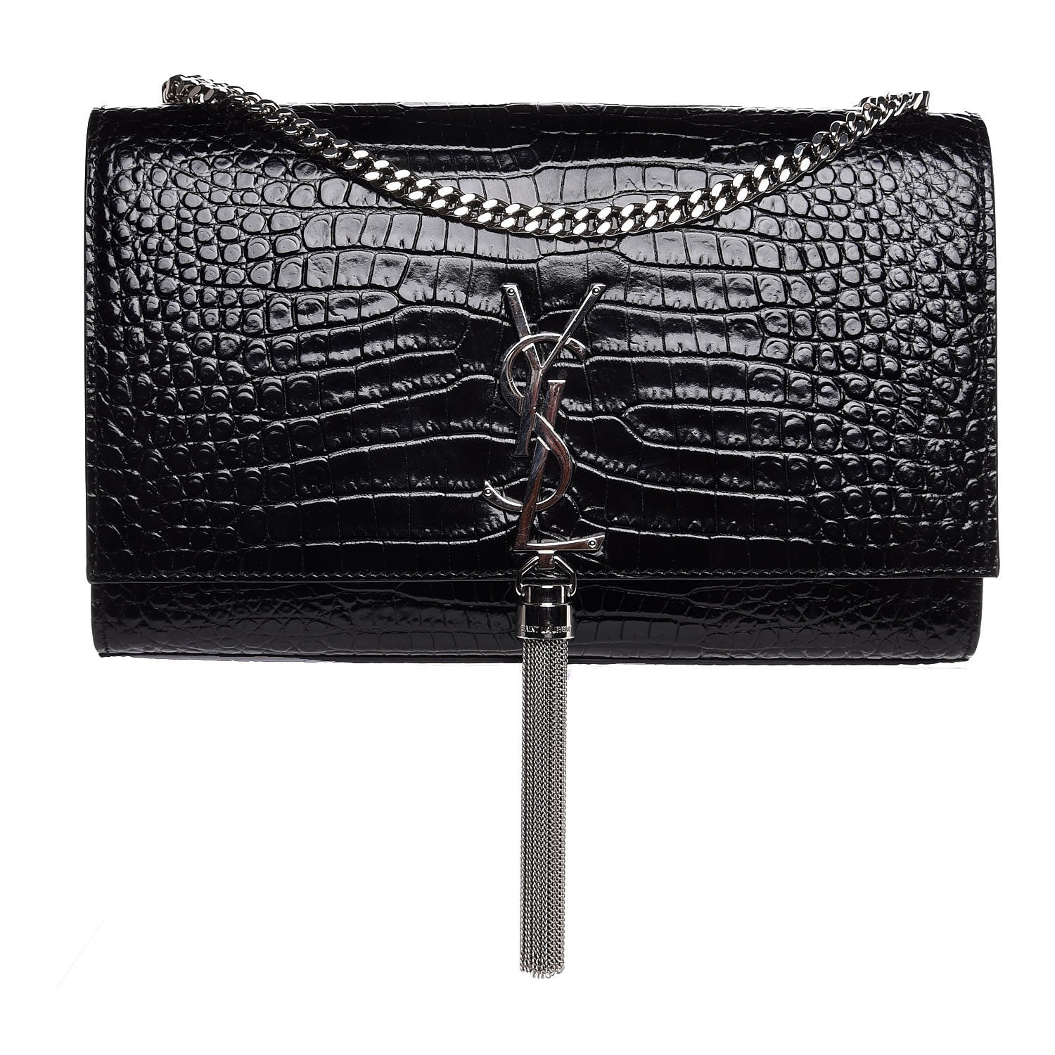 Saint Laurent Calfskin Crocodile Embossed Medium Classic Monogram Kate Tassel Satchel Black 1 of 8