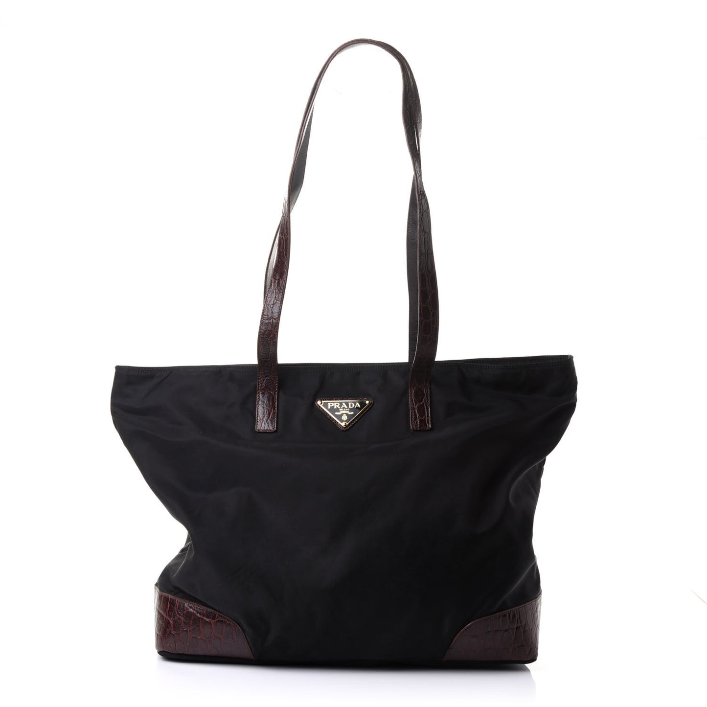 Tessuto Nylon Calfskin Crocodile Embossed Tote Brown