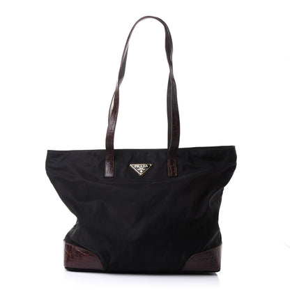 Prada Tessuto Nylon Calfskin Crocodile Embossed Tote Brown 1 of 8