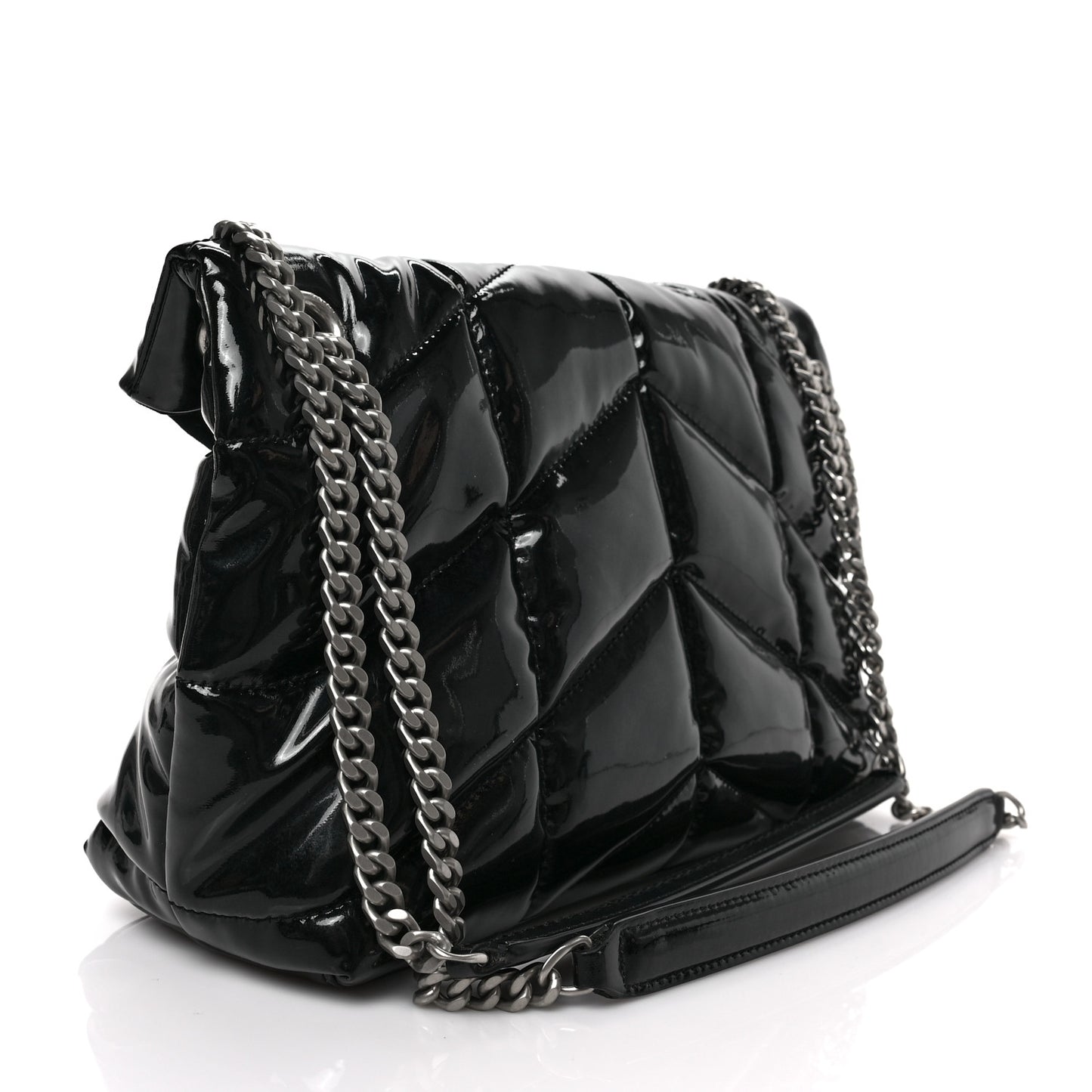 Patent Quilted Small Loulou Puffer Monogram Chain Satchel Black