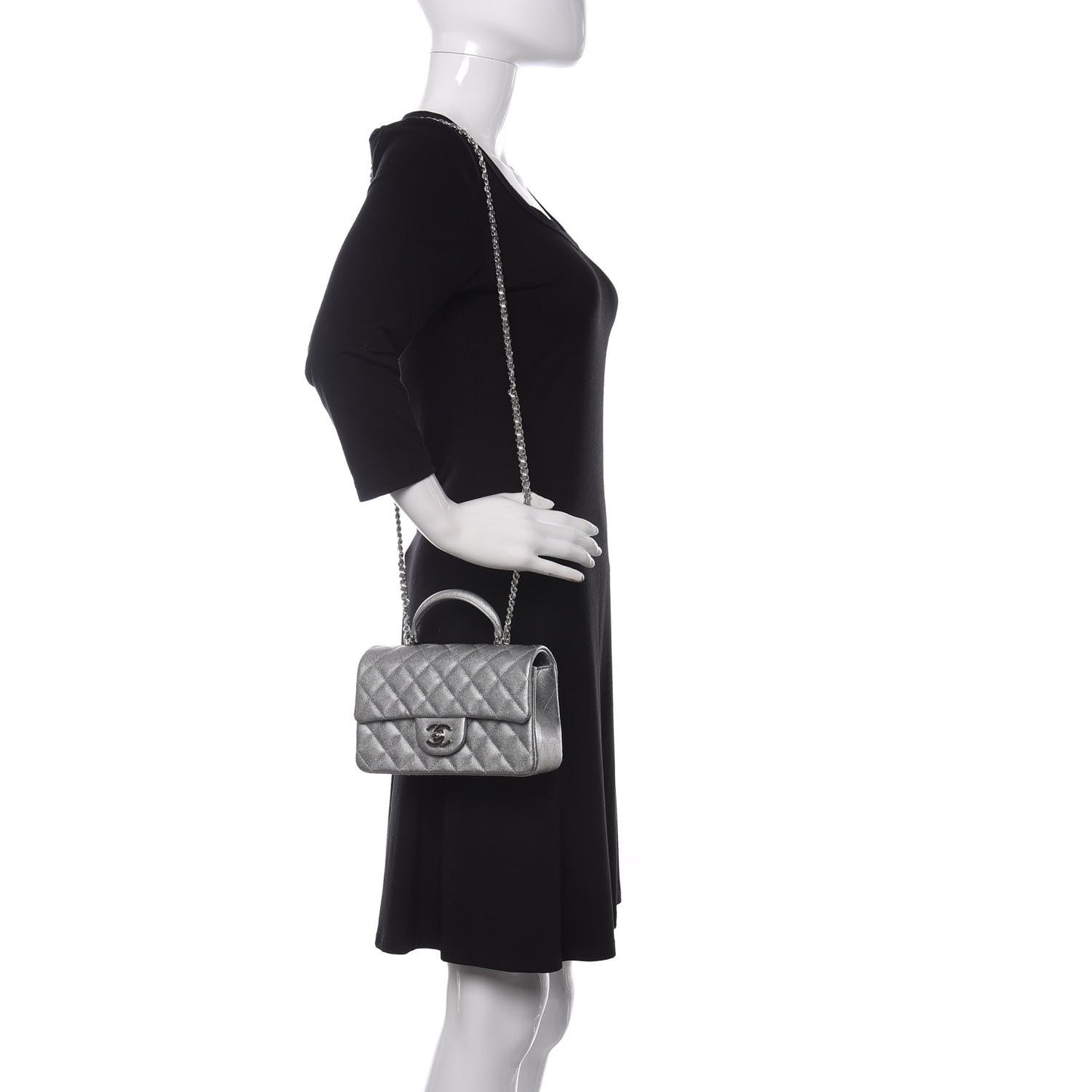 Metallic Caviar Quilted Mini Top Handle Rectangular Flap Silver