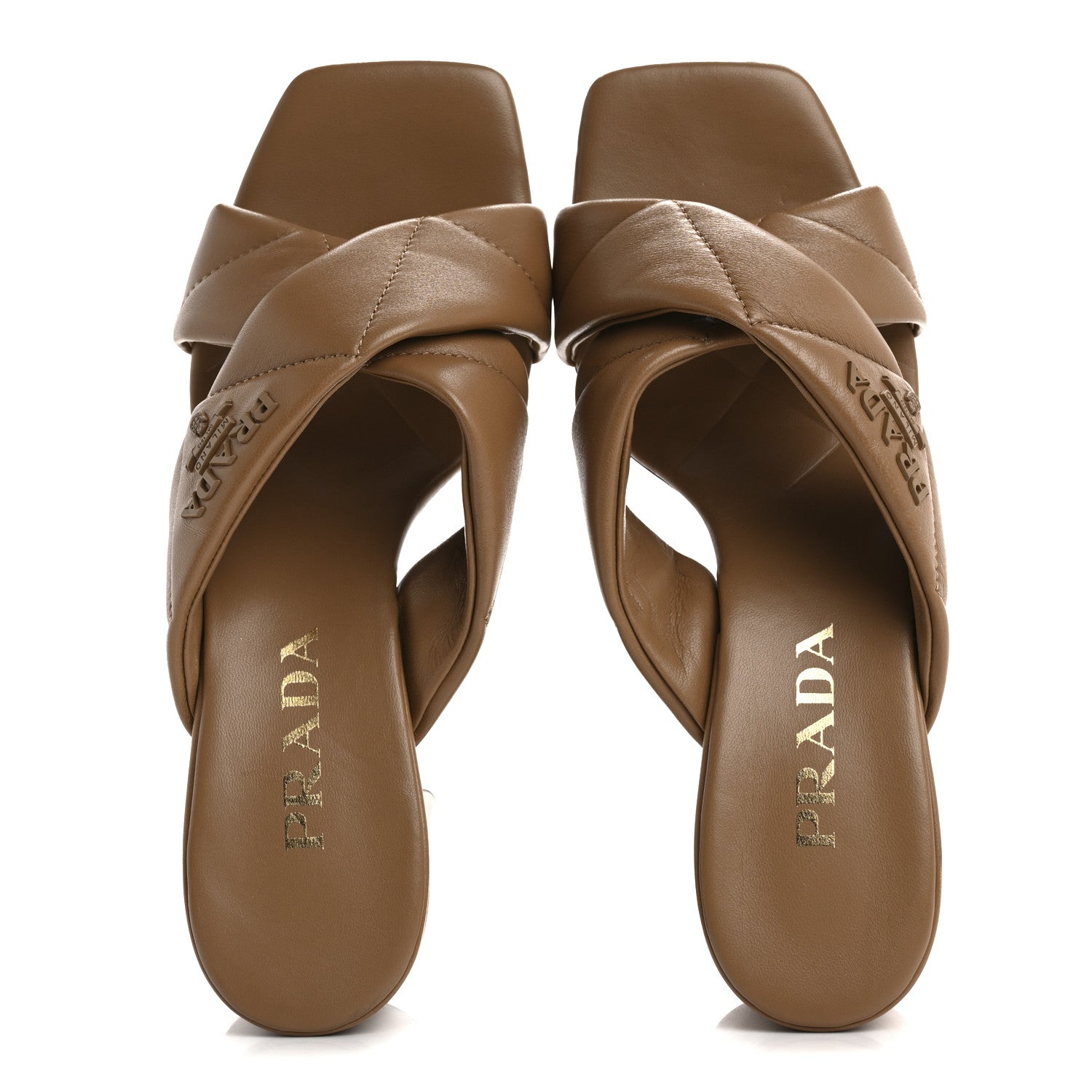 Prada Nappa Logo Quilted Crisscross 65mm Block Heel Slide Sandals 37 Brown 2 of 8