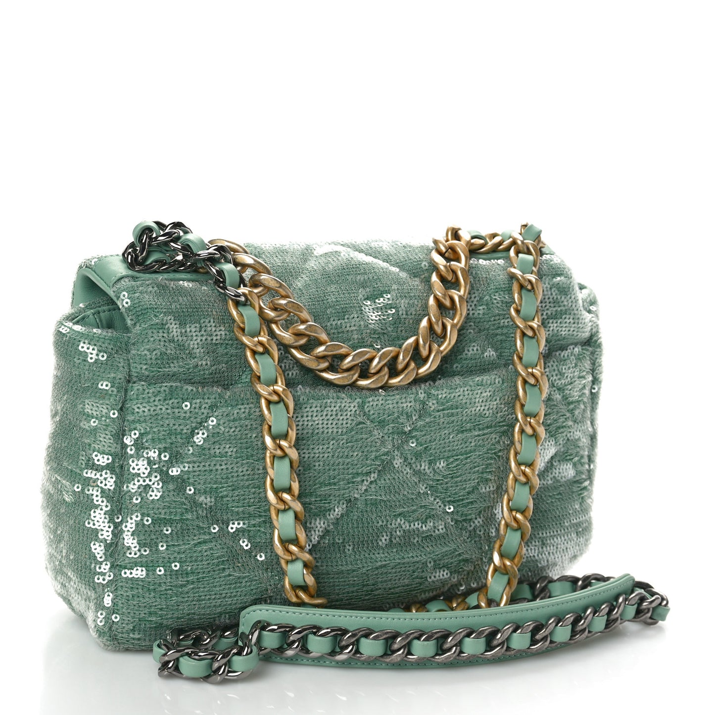 Sequin Quilted Medium Chanel 19 Flap Light Green