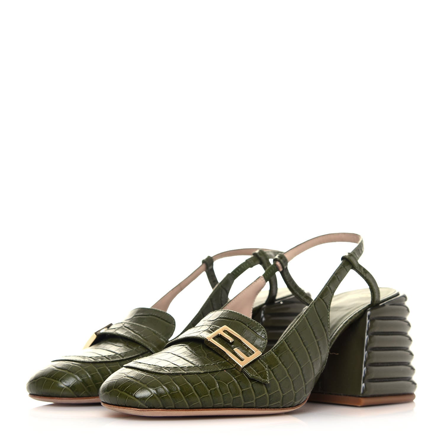 Fendi Calfskin Crocodile Embossed Promenade Slingback Loafer Pumps 39 Military Green 3 of 8