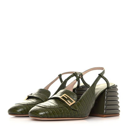 Fendi Calfskin Crocodile Embossed Promenade Slingback Loafer Pumps 39 Military Green 3 of 8