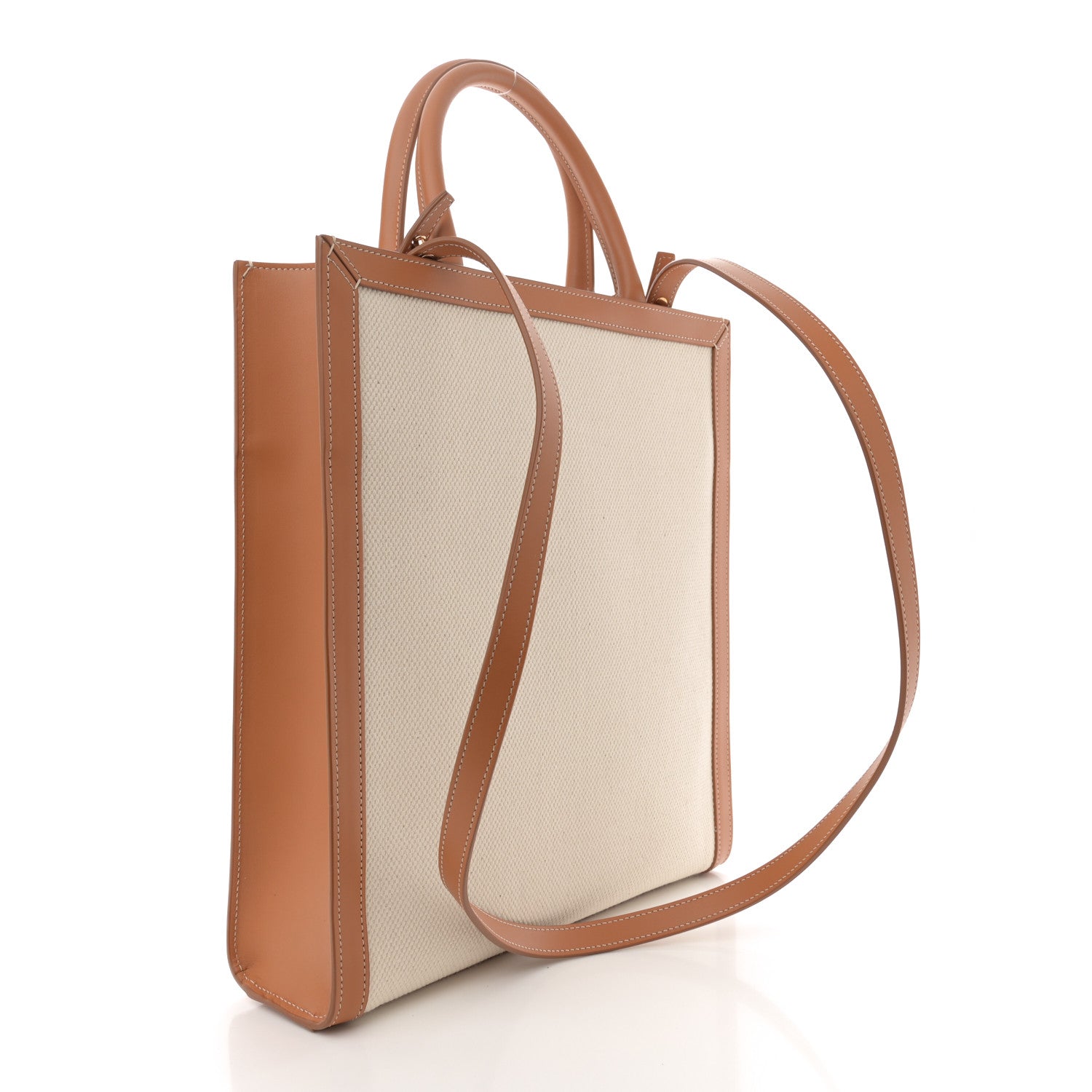 Celine Canvas Calfskin Logo Print Small Vertical Cabas Natural Tan 3 of 11