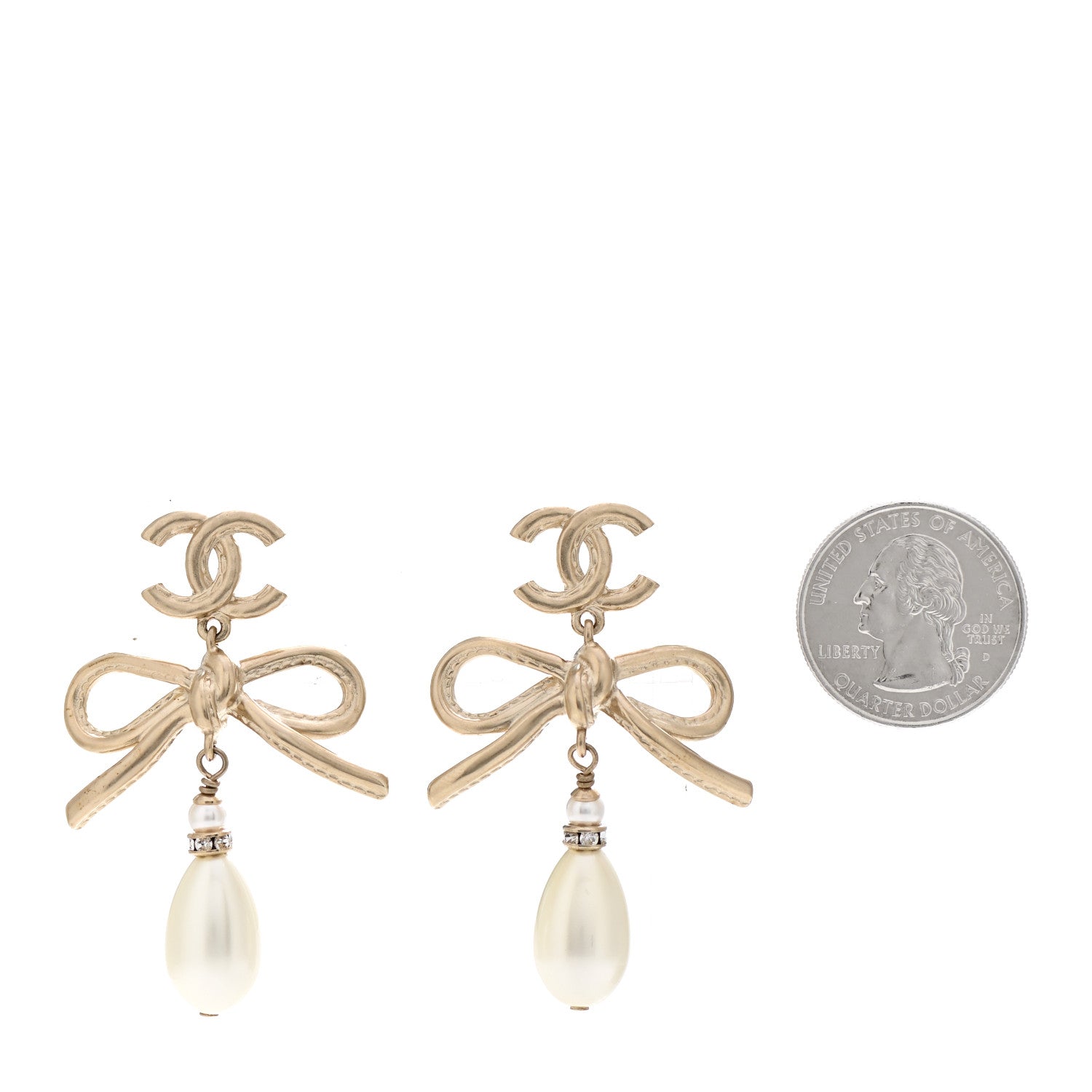 Chanel Pearl Crystal CC Bow Drop Earrings Gold Pearly White 2 of 5