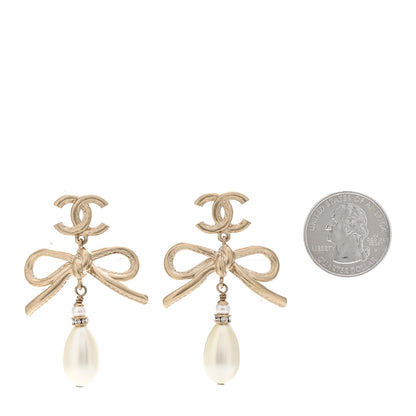 Chanel Pearl Crystal CC Bow Drop Earrings Gold Pearly White 2 of 5