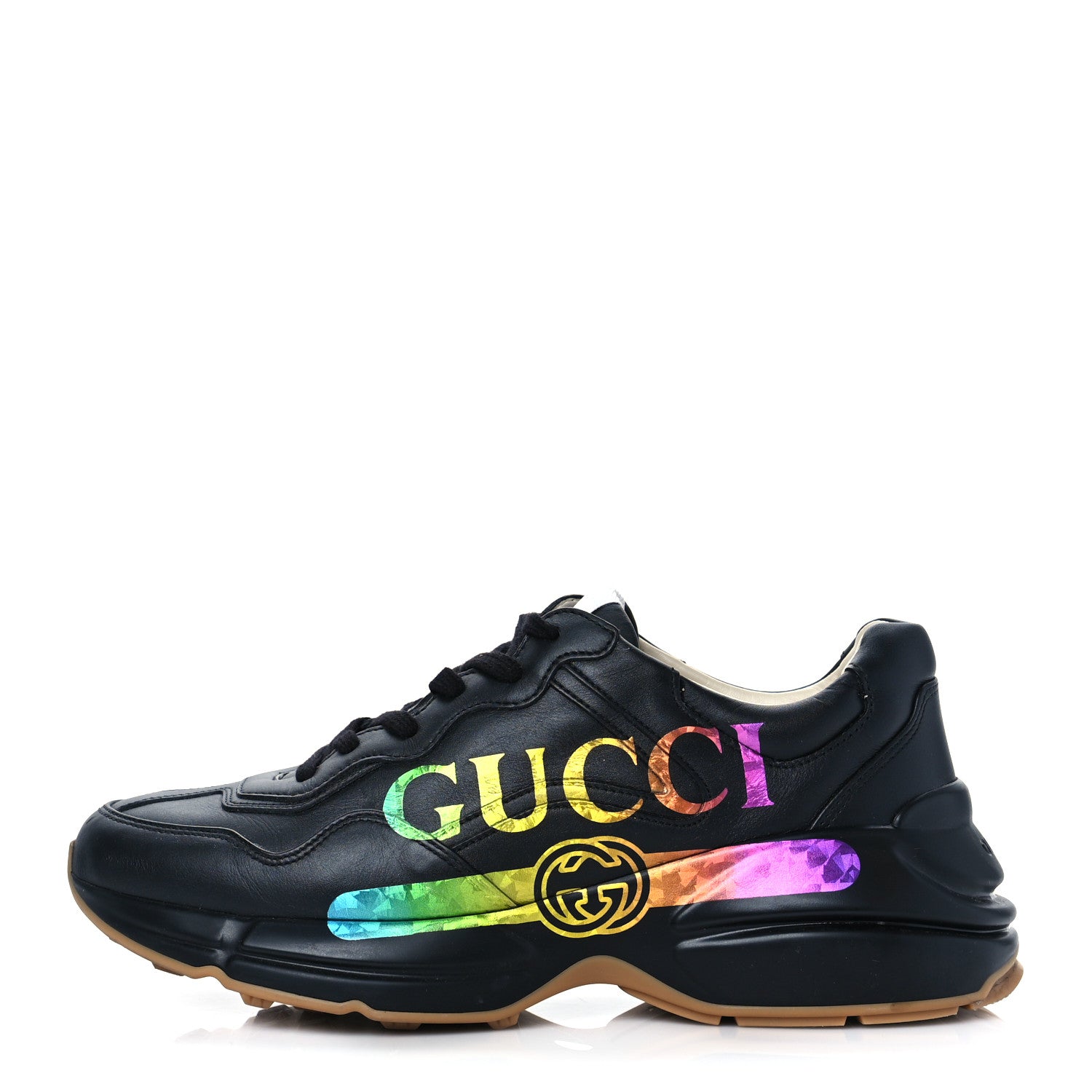 Gucci Calfskin Iridescent Logo Mens Rhyton Sneakers 7 Black 1 of 9