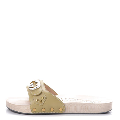 Gucci Calfskin Interlocking G Slide Sandals 37.5 Diagonal Beige 1 of 7