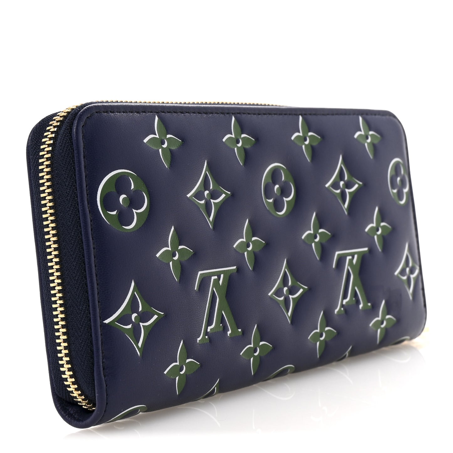 Lambskin Embossed Monogram LV Coussin Zippy Wallet Blue Green