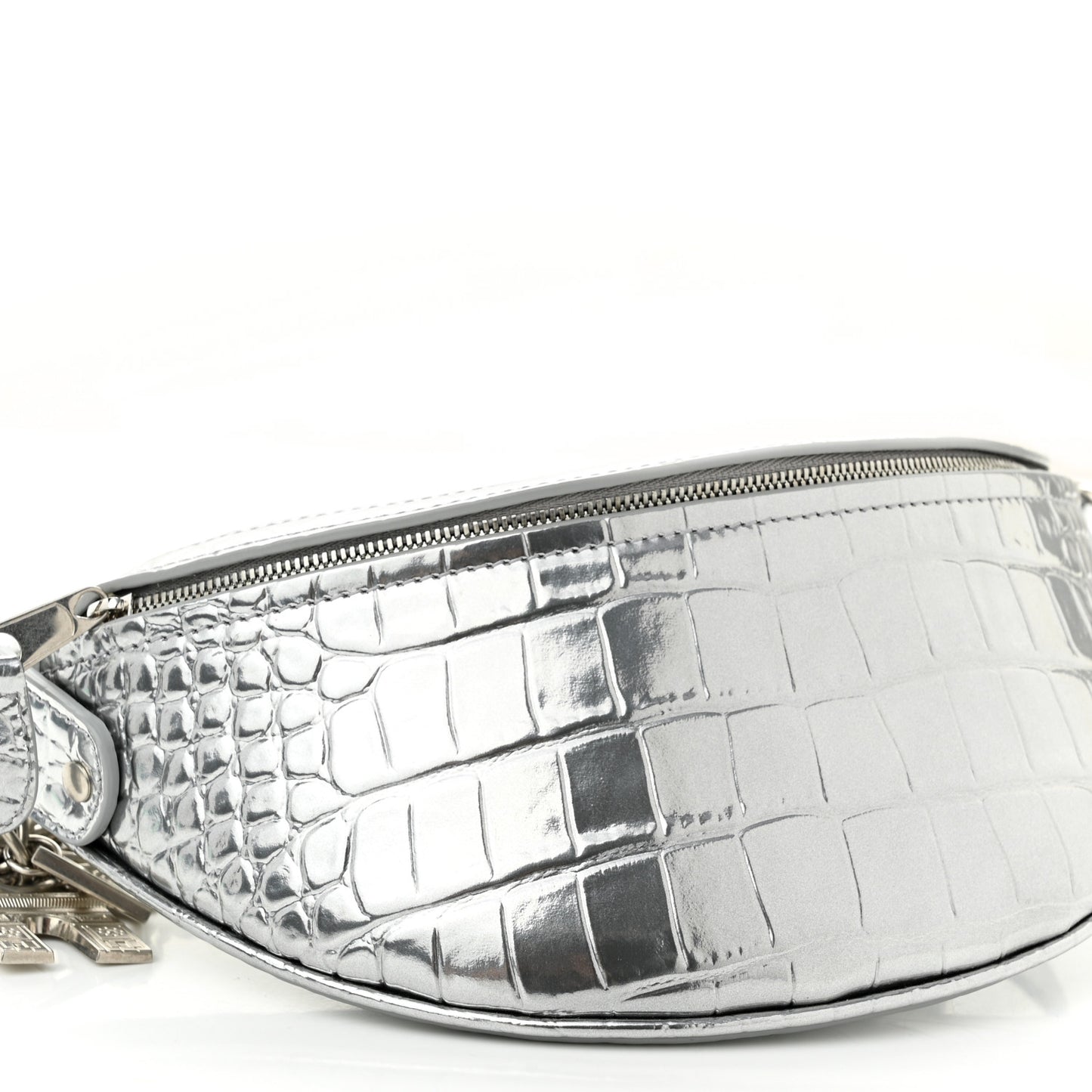 Metallic Calfskin Crocodile Embossed Quilted Souveniers Charms Belt Bag Silver