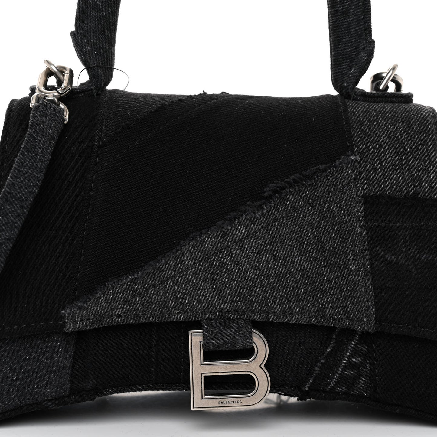 Denim Patchwork Small Hourglass Top Handle Bag Washed Black