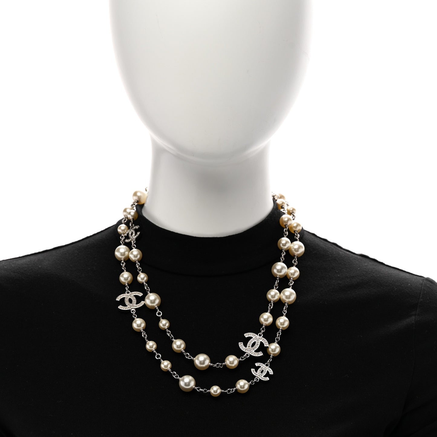 Crystal Pearl CC Long Necklace Silver