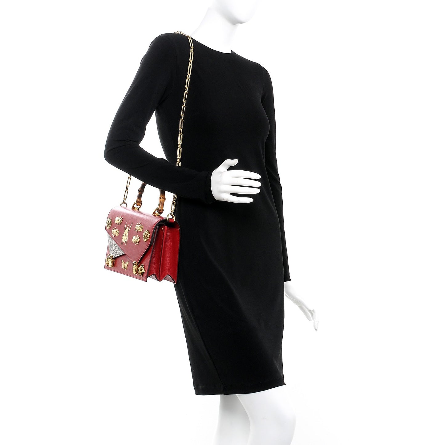 Calfskin Snakeskin Studded Small Ottilia Top Handle Bag Hibiscus Red