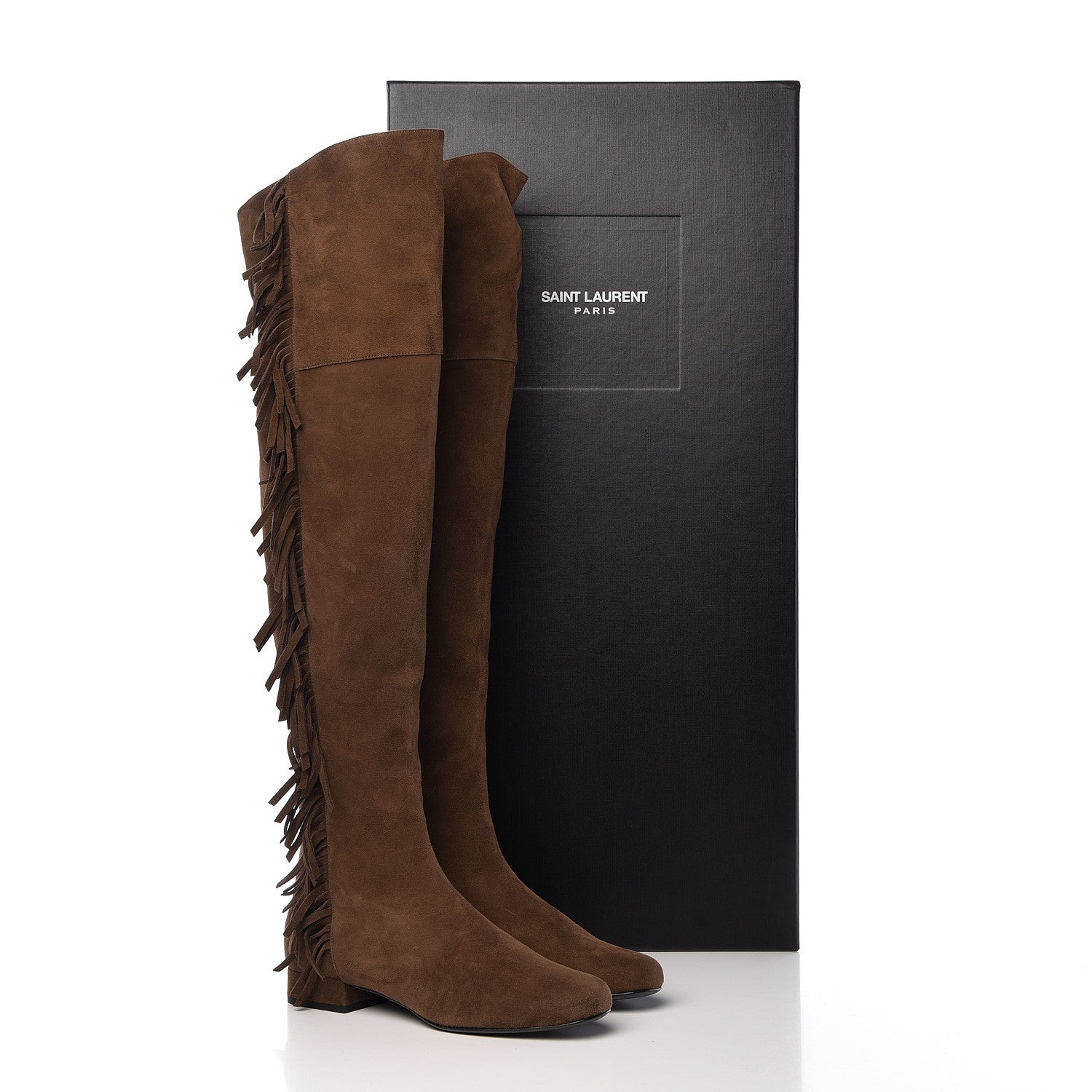 Saint Laurent Suede Goatskin BB 20 Over The Knee Fringed Boots 37 Coffee Brown 8 of 8