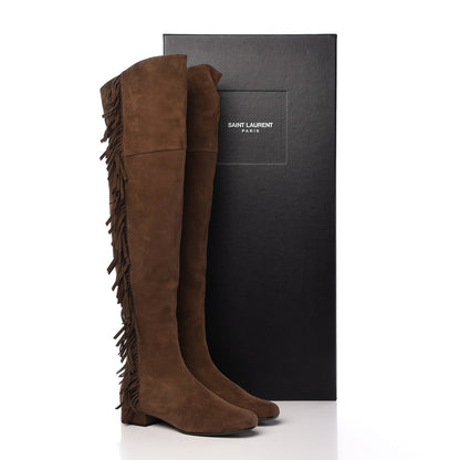 Saint Laurent Suede Goatskin BB 20 Over The Knee Fringed Boots 37 Coffee Brown 8 of 8