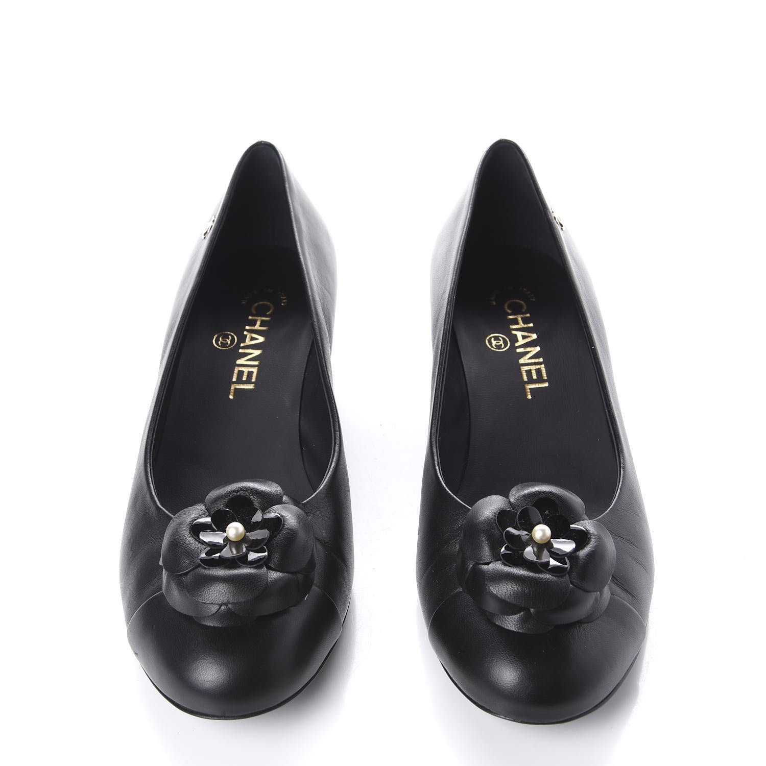 Chanel Lambskin Pearl Camellia Cap Toe Pumps 38.5 Black 5 of 11