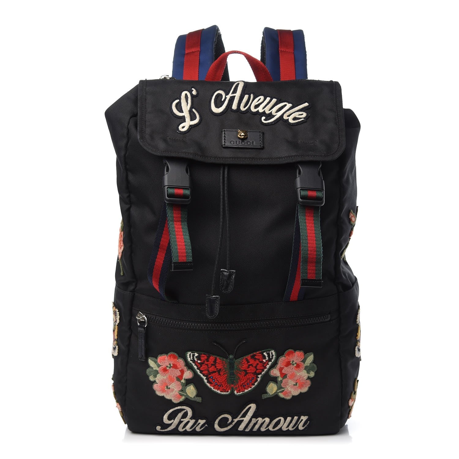 Gucci Techno Canvas Web L'Aveugle Par Amour Embroidered Double Buckle Backpack Black 1 of 8