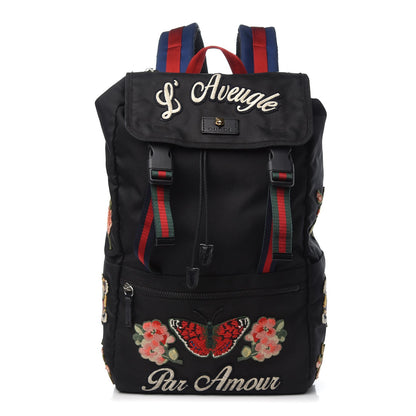 Gucci Techno Canvas Web L'Aveugle Par Amour Embroidered Double Buckle Backpack Black 1 of 8