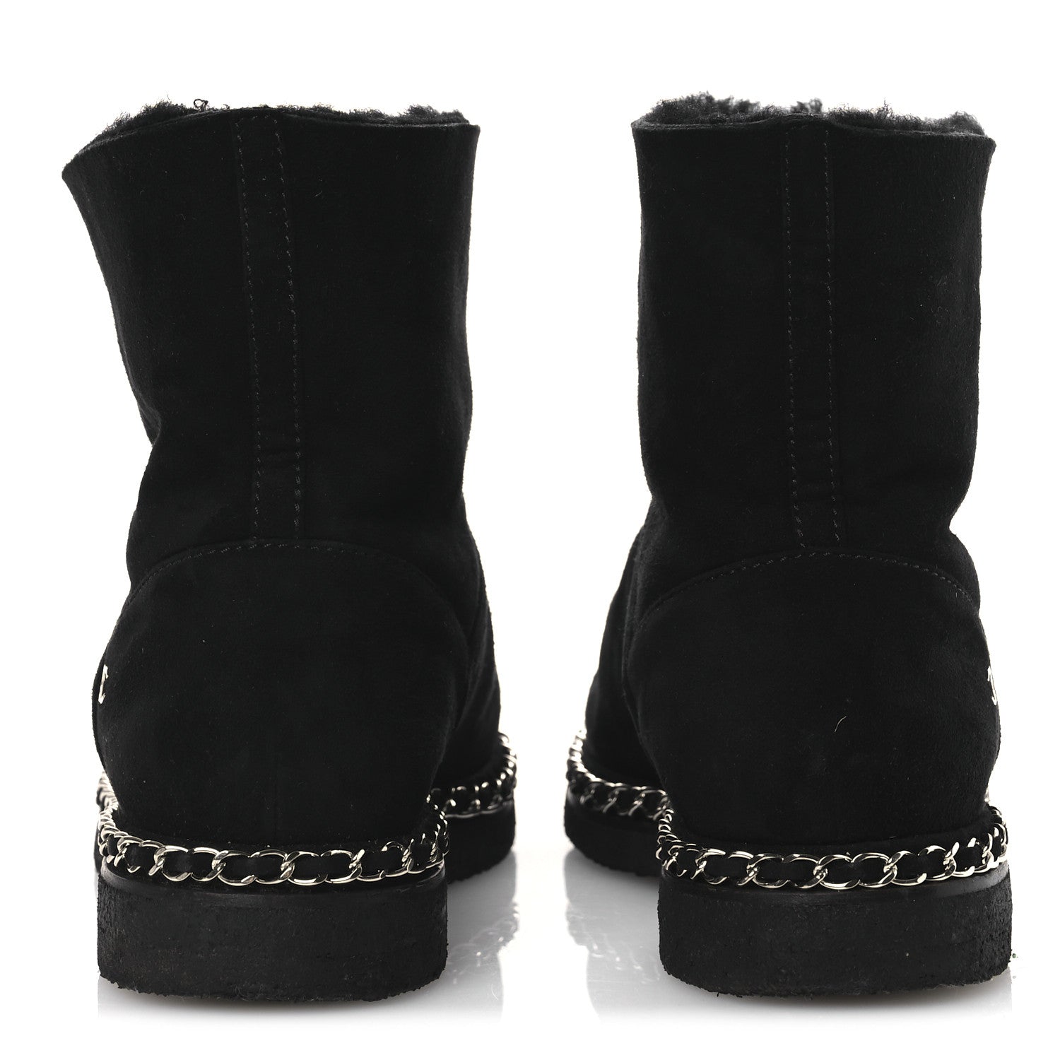 Chanel Kid Suede Shearling Womens Cap Toe Chain Short Boots 38 Black 6 of 13