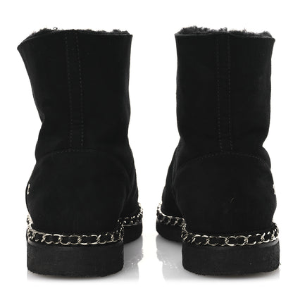 Chanel Kid Suede Shearling Womens Cap Toe Chain Short Boots 38 Black 6 of 13